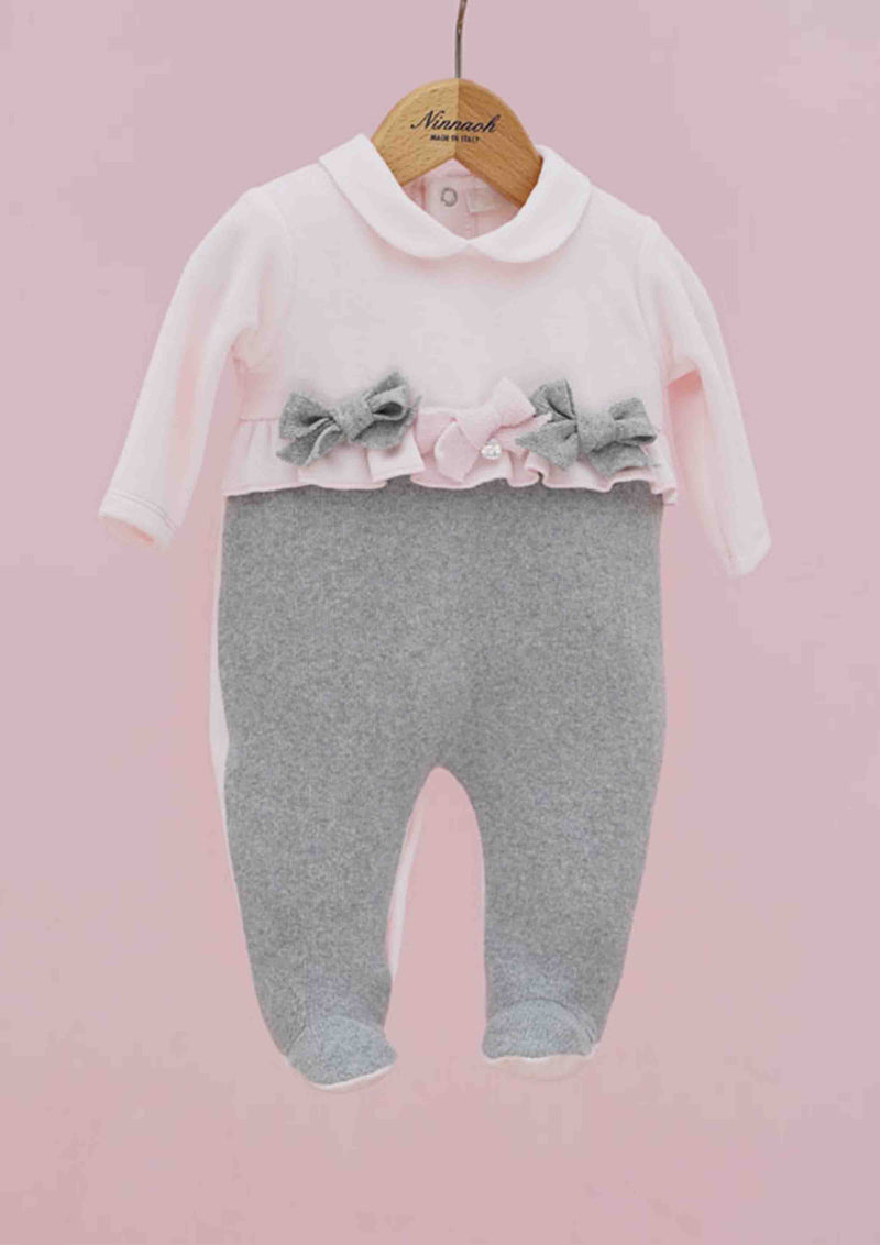 Ninnaoh Pink and Grey Velour Onesie with Matching Hat
