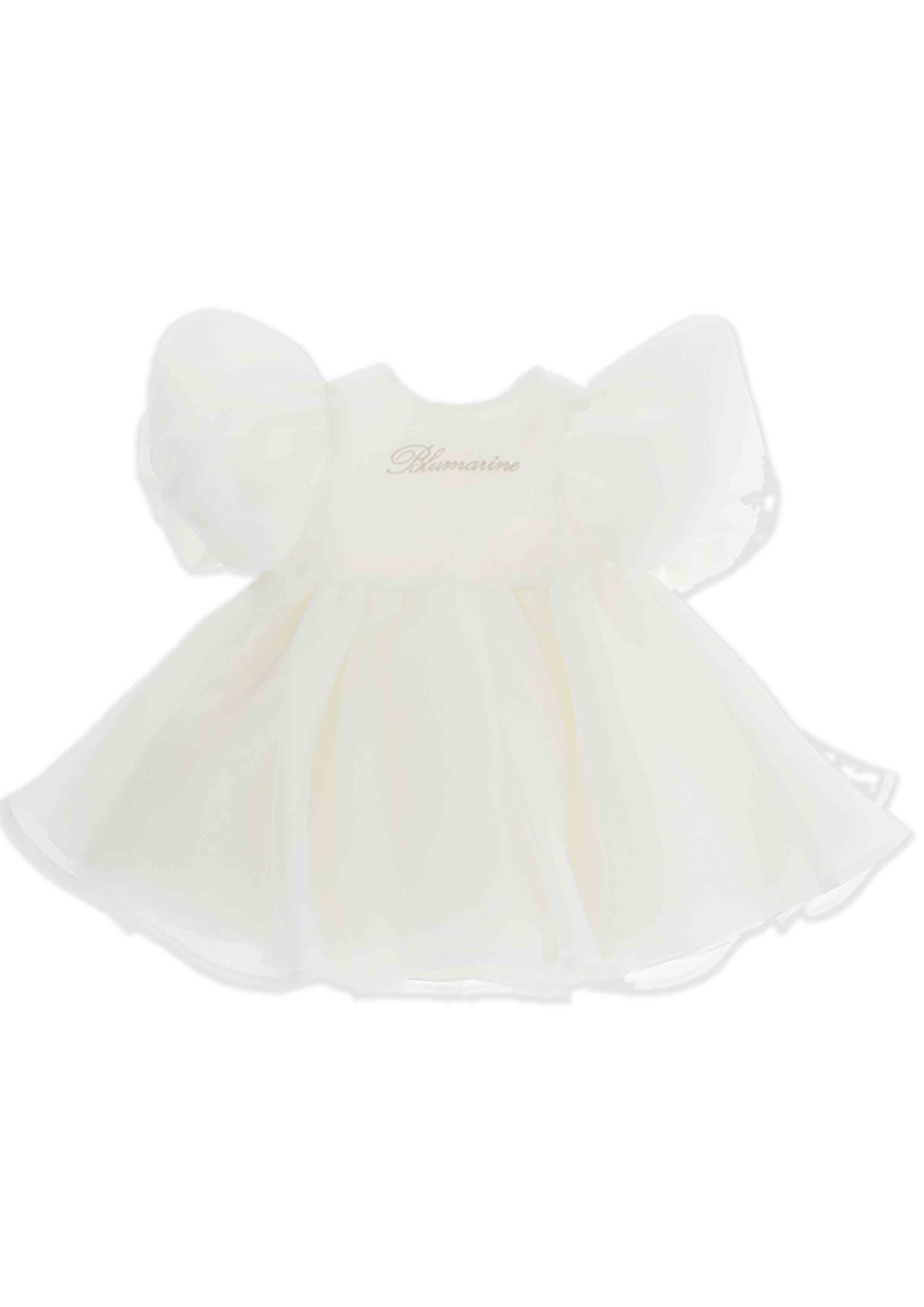 White baby dress with 'Blumarine' branding on a white background