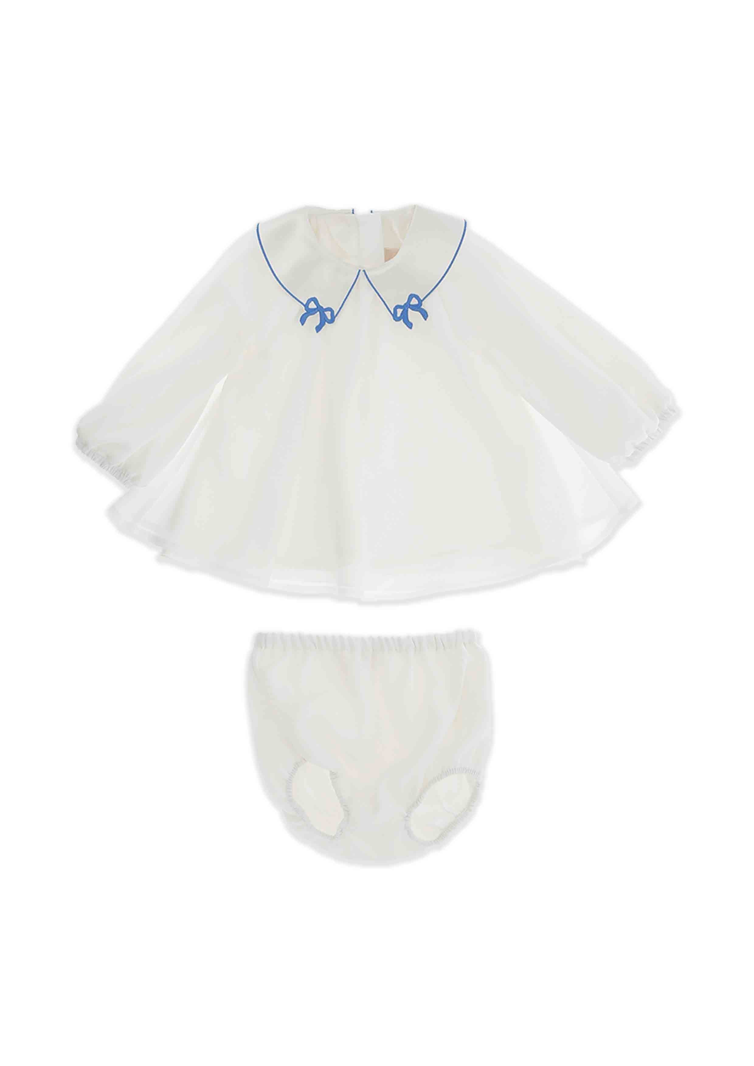 White baby outfit with bloomers on a white background