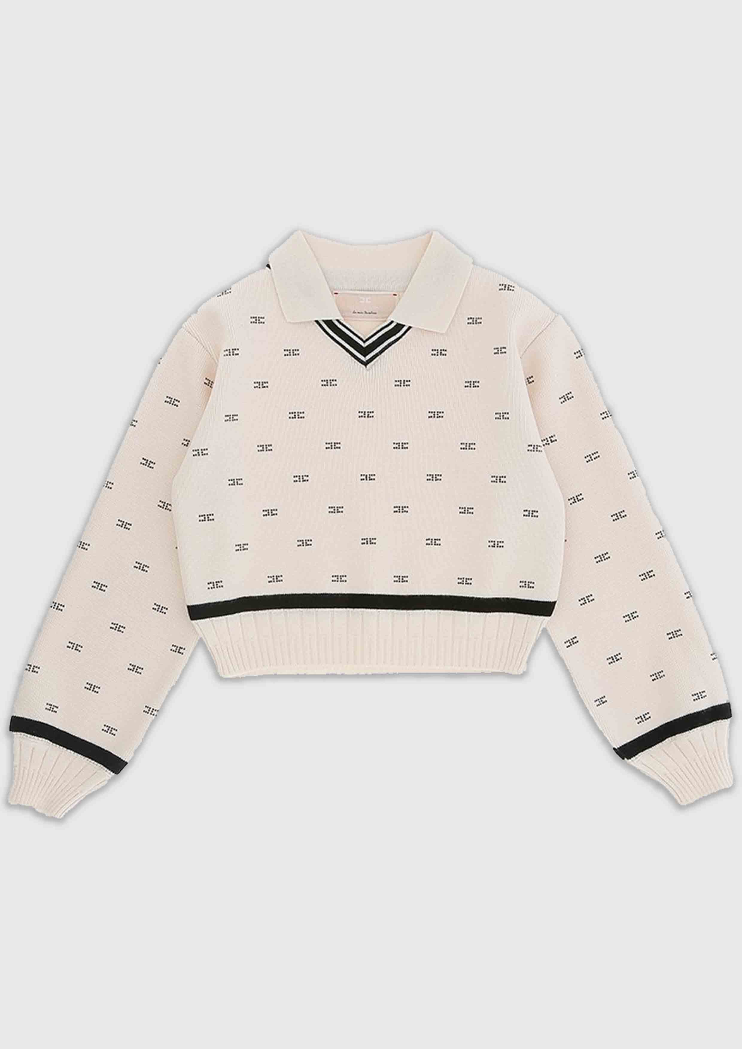 Elisabetta Franchi Ivory Knitted Top with Collar and Rhinestones