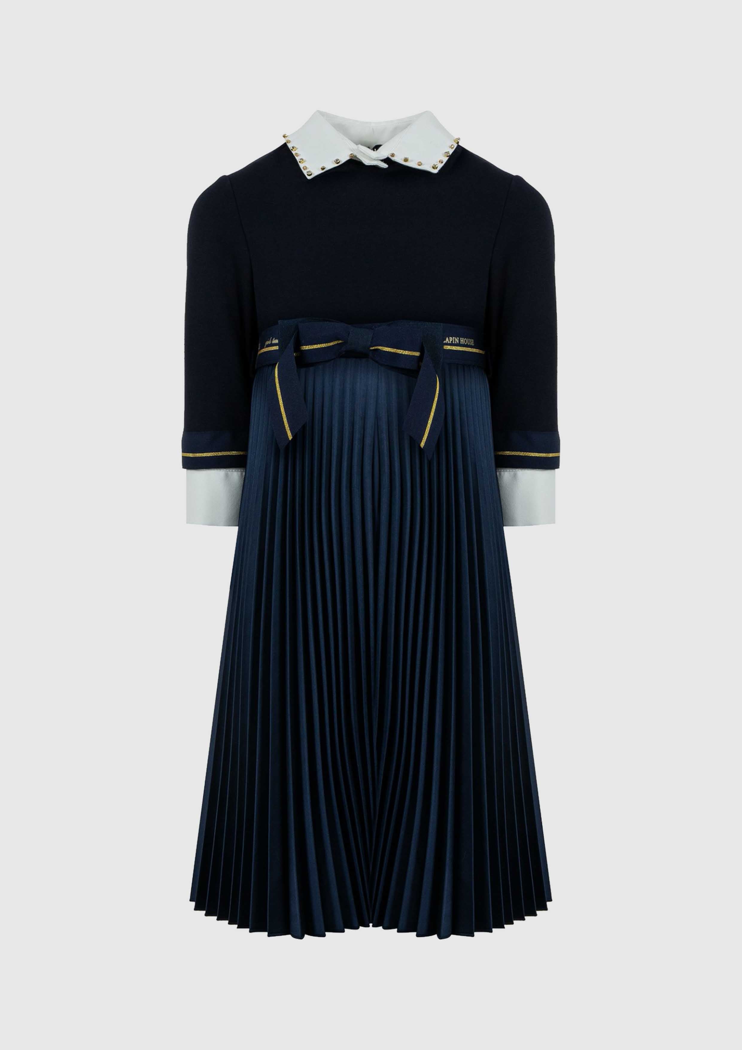 Navy Long Pleated Dress