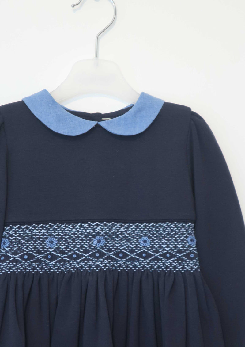 Navy Cotton Jersey Smocked Dress with Blue Collar