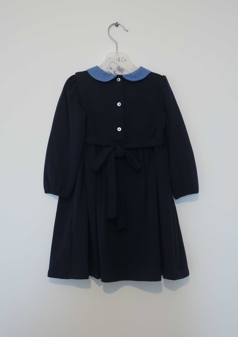 Navy Cotton Jersey Smocked Dress with Blue Collar