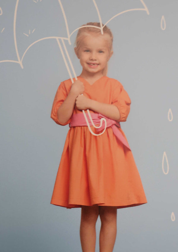 Apricot Poplin Dress with Pink Poplin Belt - Tiny Models