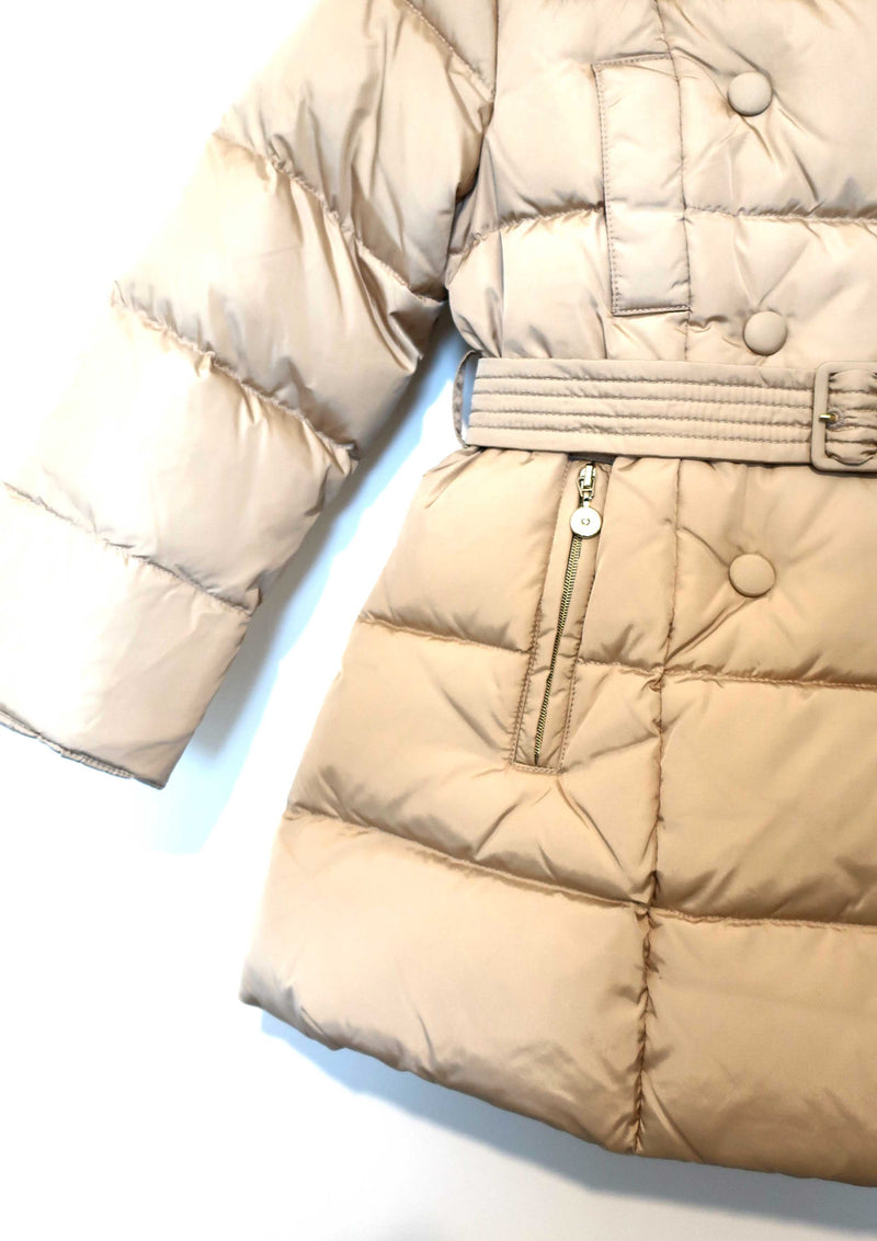 Beige Belted Puffer Coat With Real Fur - Tiny Models