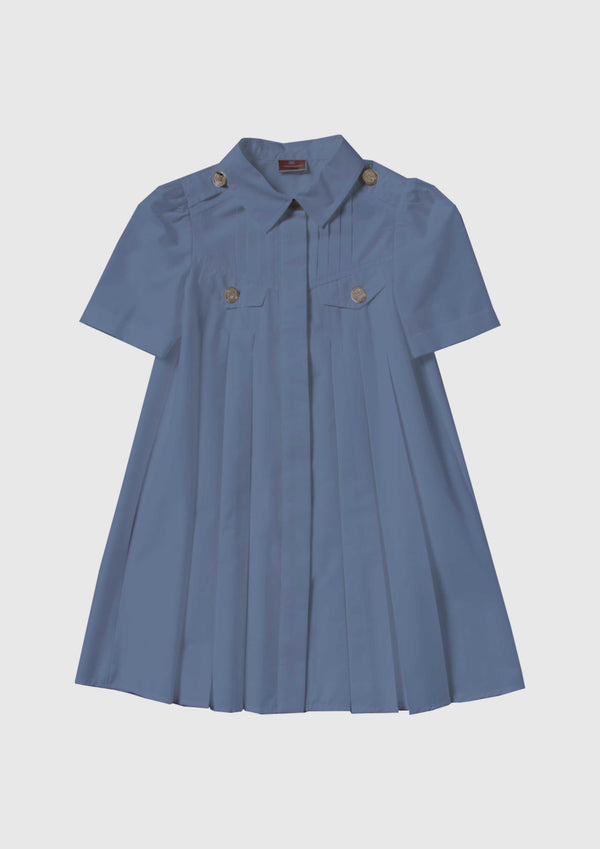 Pleated Blue Dress With Logo Buttons