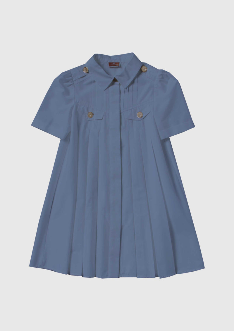 Pleated Blue Dress With Logoed Buttons