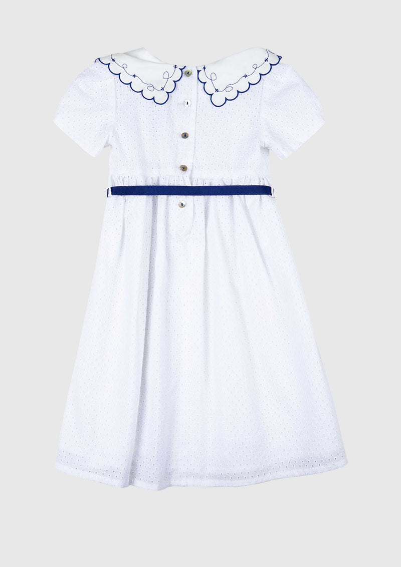 Poupee Embroidered Eyelet White Collar Dress with Blue Ribbon Belt