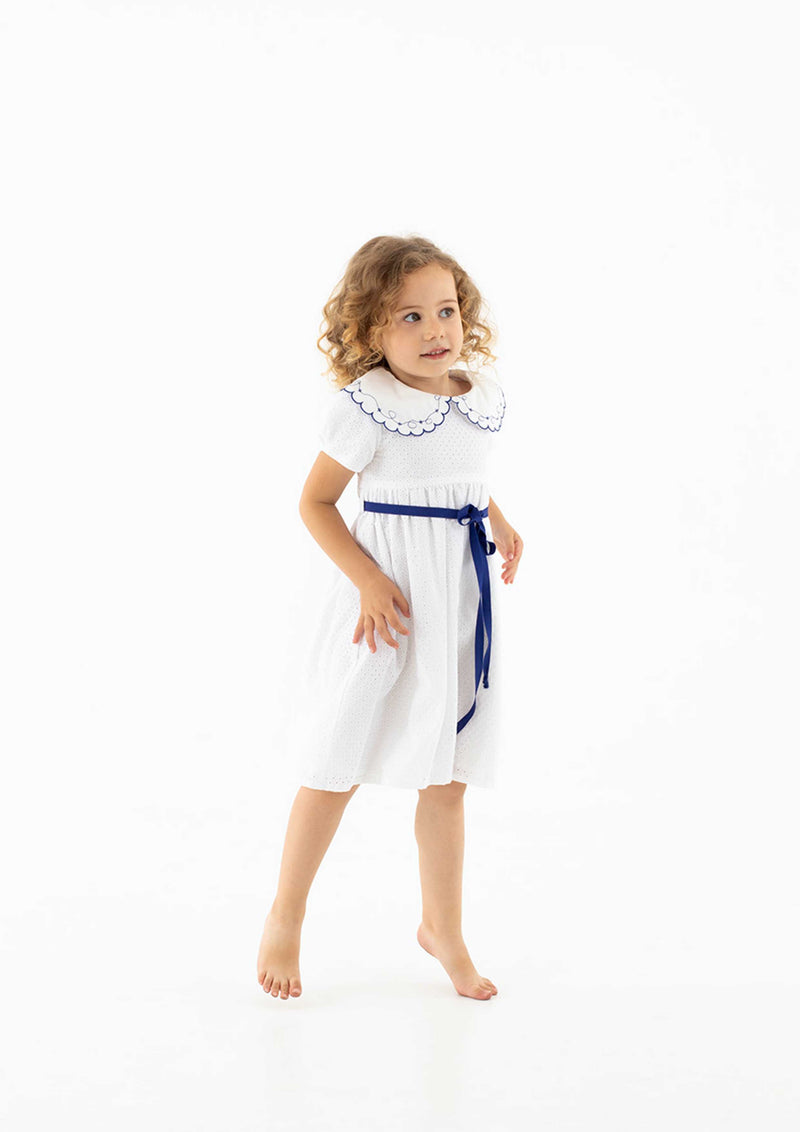 Poupee Embroidered Eyelet White Collar Dress with Blue Ribbon Belt