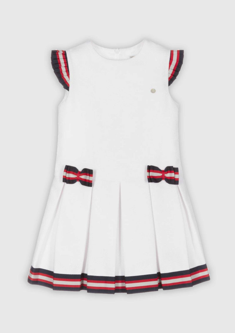 White Pique Low-Waisted Pleated Dress with Striped Ribbon Bows.