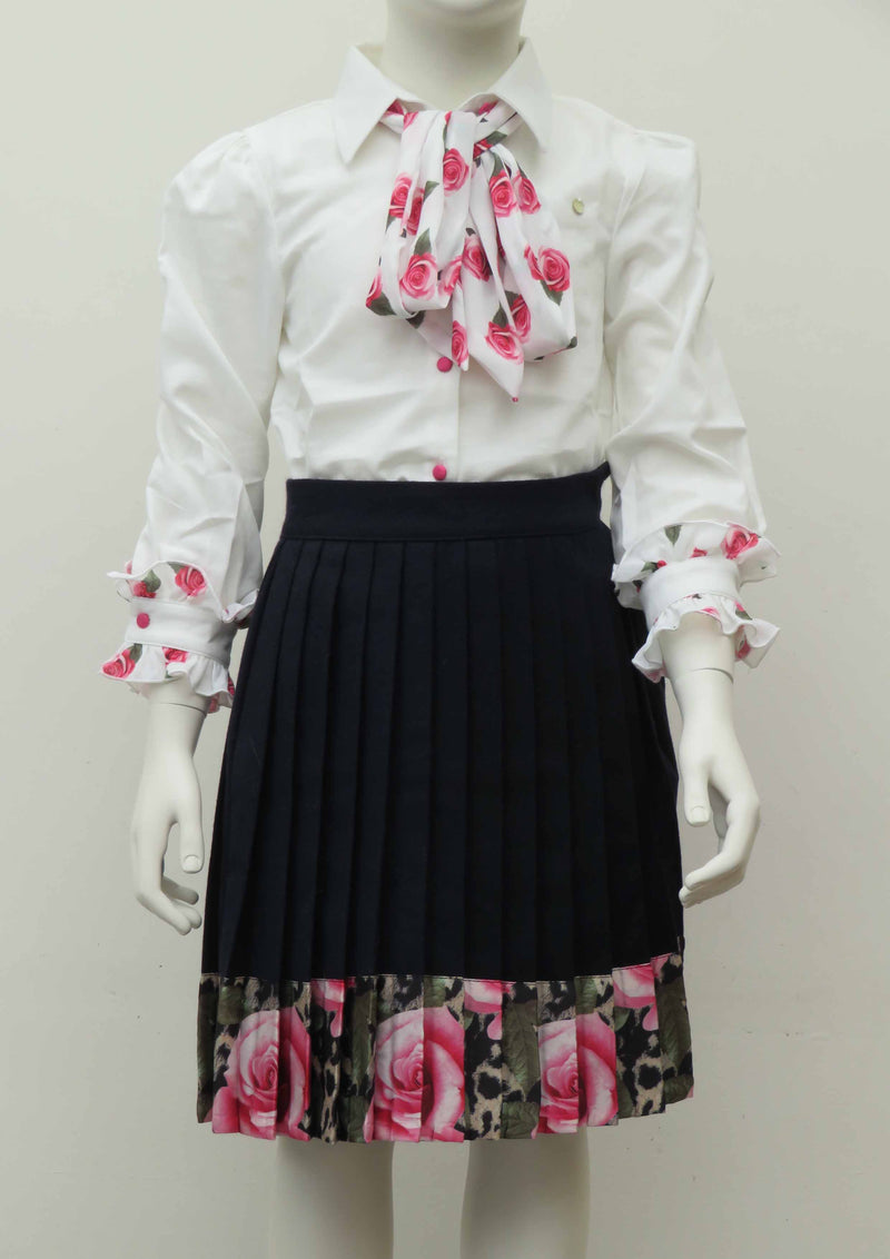 Navy wool pleated floral skirt