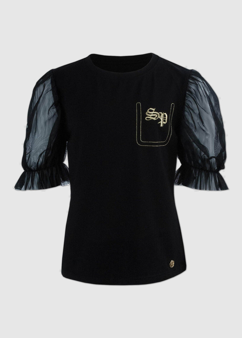 Stefania Black T-shirt With Organza Puffed Sleeve